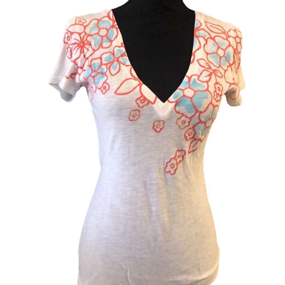 AMERICAN EAGLE OUTFITTERS V NECK SHORT SLEEVE FLORAL TEE ORG BLU WHT SIZE SMALL